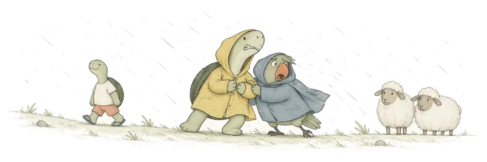 Pencil drawing: on a grassy slope in sideways rain, Turtle in a yellow raincoat and Parrot in a blue one cling to each other against the wind, while a small turtle in a T-shirt, shorts and flip-flops strolls along behind and two sheep look on.