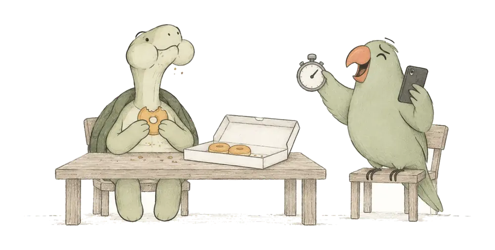 Pencil drawing: Turtle sits at a table with its cheeks bulging and a doughnut in its hands, a box with two left in it, while Parrot laughs, holding up a stopwatch and filming on a phone.