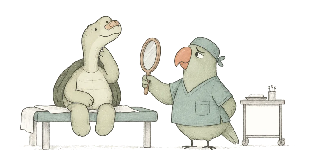 Pencil drawing: in a bright little clinic, Parrot in surgeon’s scrubs holds up a hand mirror to Turtle, who sits on the couch with a plaster on its new nose, looking completely unconvinced.