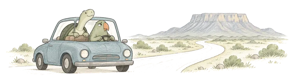 Pencil drawing: Parrot drives a small blue car along a winding desert road while Turtle leans forward from the back seat, listening, with a flat-topped mountain on the horizon.