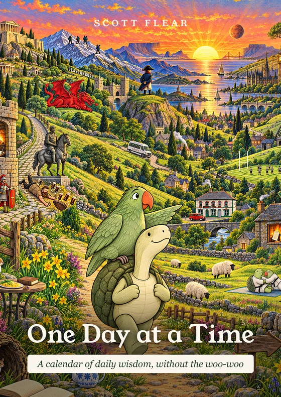 The front cover of One Day at a Time, a painted landscape full of hidden details.