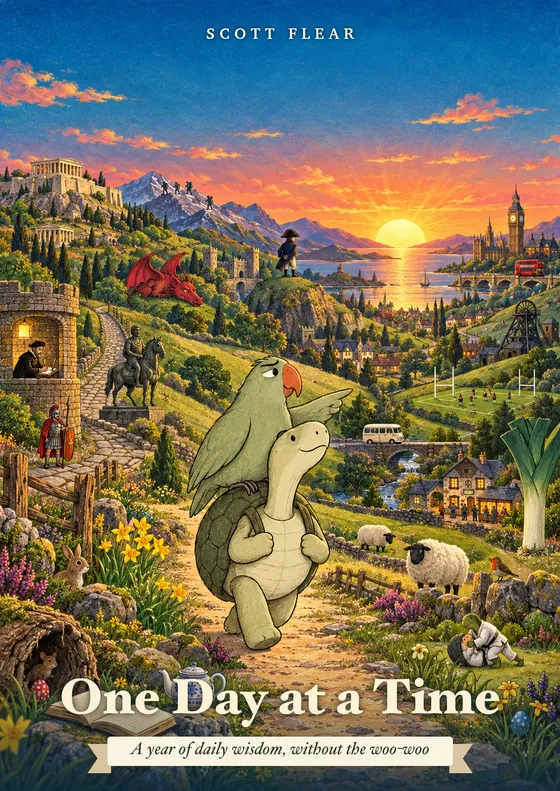 The front cover of One Day at a Time, a painted landscape full of hidden details.