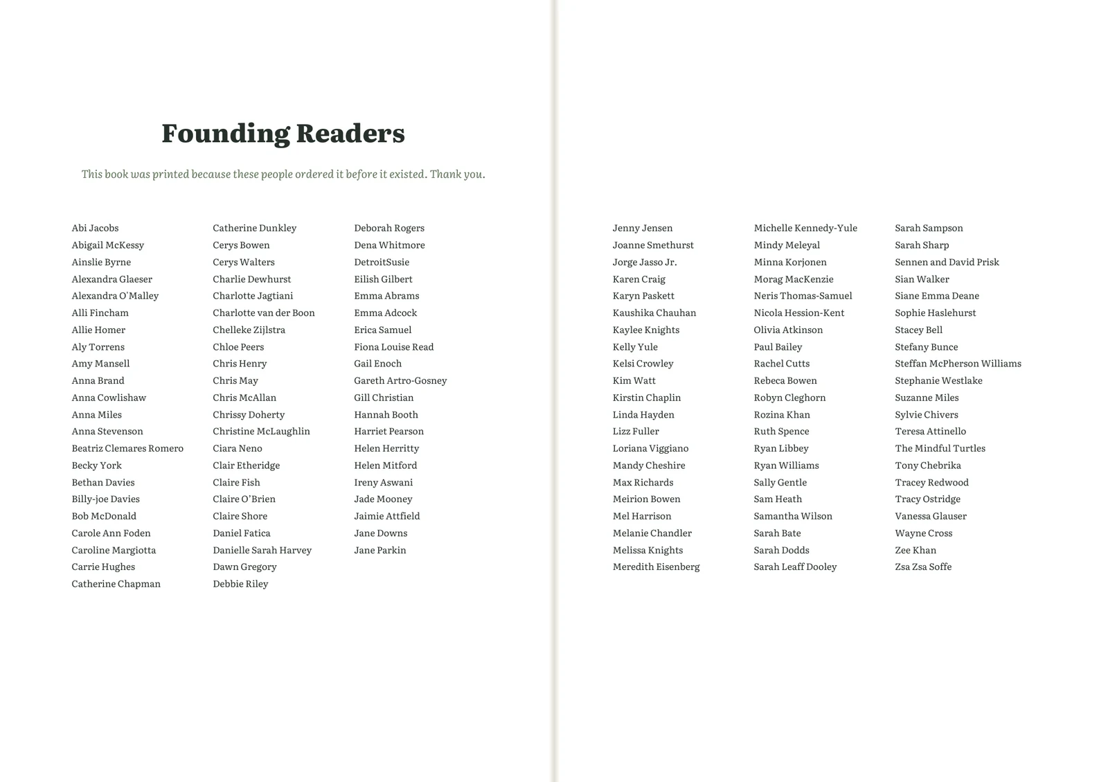 The two Founding Readers pages of the book, with 127 names printed so far.