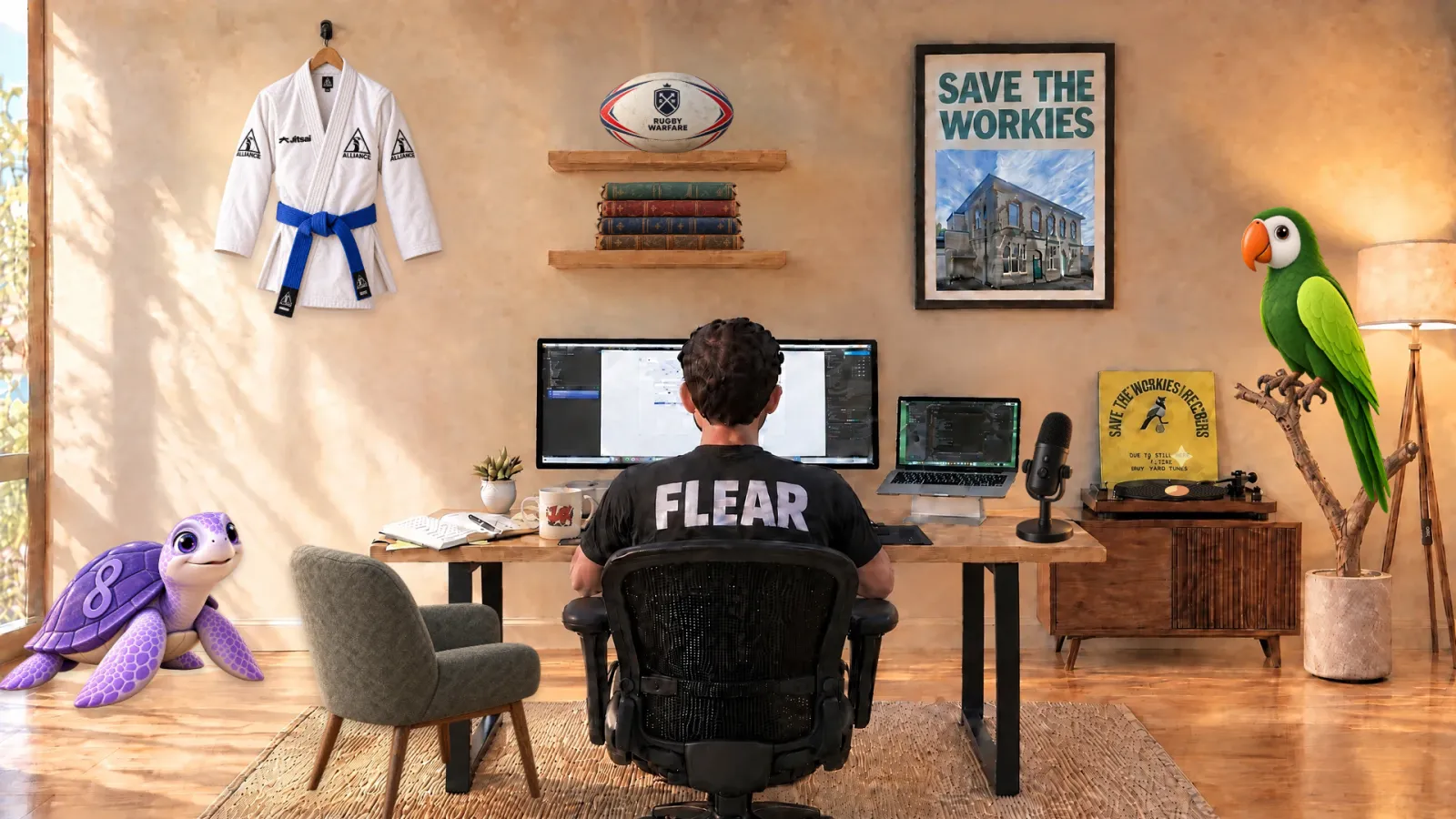 A man in a FLEAR T-shirt at his desk in a sunlit room, with a jiu-jitsu gi, a Rugby Warfare ball, books, a purple turtle, a green parrot and a Save the Workies poster